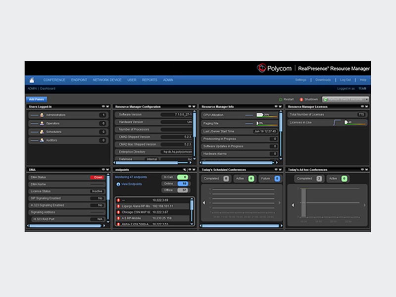 A key component of the Polycom RealPresence Platform, available as a hardened appliance or software optimized for virtualized environments, the RealPresence Resource Manager application is critical to effectively managing thousands of mobile, desktop, and group telepresence systems. Administrators can use it to centrally provision, monitor and manage the entire video collaboration network. Through dynamic provisioning, it automatically configures and maintains thousands of video clients at pre-determined software baselines. This eliminates having a variety of software releases in the field, fixing end-user configuration mismatches, being uncertain about the quality of video being provided, and other typical management issues.