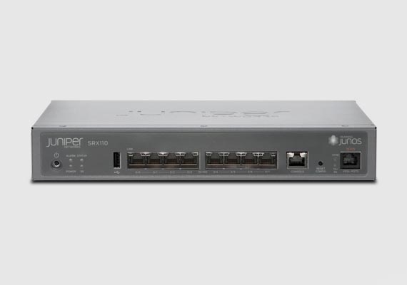 The SRX110 Services Gateway consolidates security, routing, switching, and WAN connectivity in a small desktop device. It supports up to 700 Mbps firewall and 65 Mbps IPsec VPN in a single, consolidated, cost-effective networking and security platform.
                                <br>
                                <small><b>Features:</b> Consolidated Switching, Routing, and Security means enterprises can economically deliver new applications and services with secure connectivity, Flexible Configuration scales economically to support up to thousands of users, AppSecure Suite secures a wide range of applications, Network Security Segmentation enables policy tailoring for zones, VLANs, IPsec VPNs, and virtual routers for internal, external, and DMZ subgroups, Integrated unified threat management (UTM) enables site-specific security settings.</small>